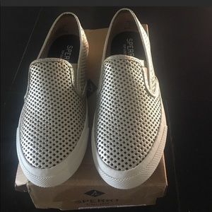 Sperry Pewter Leather Slip Ons